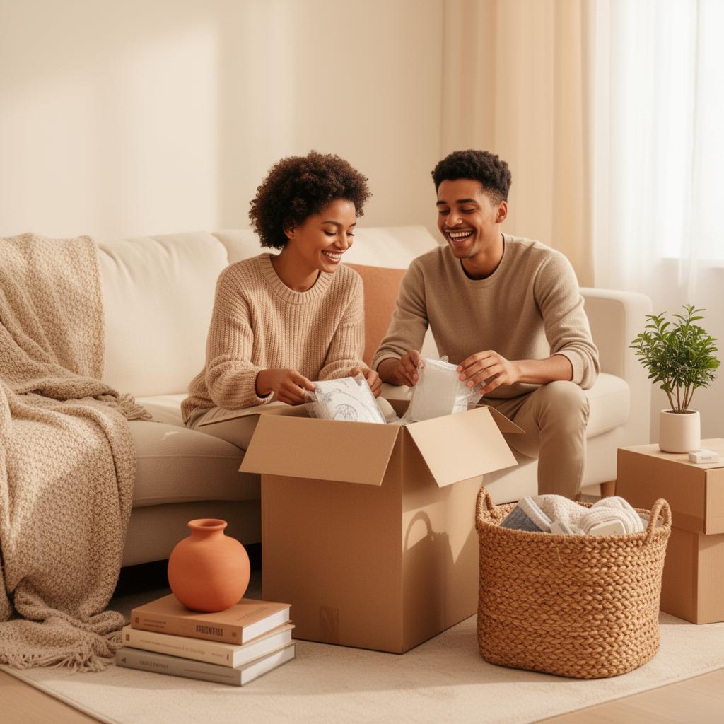 A happy couple unpacking home essentials in their living room